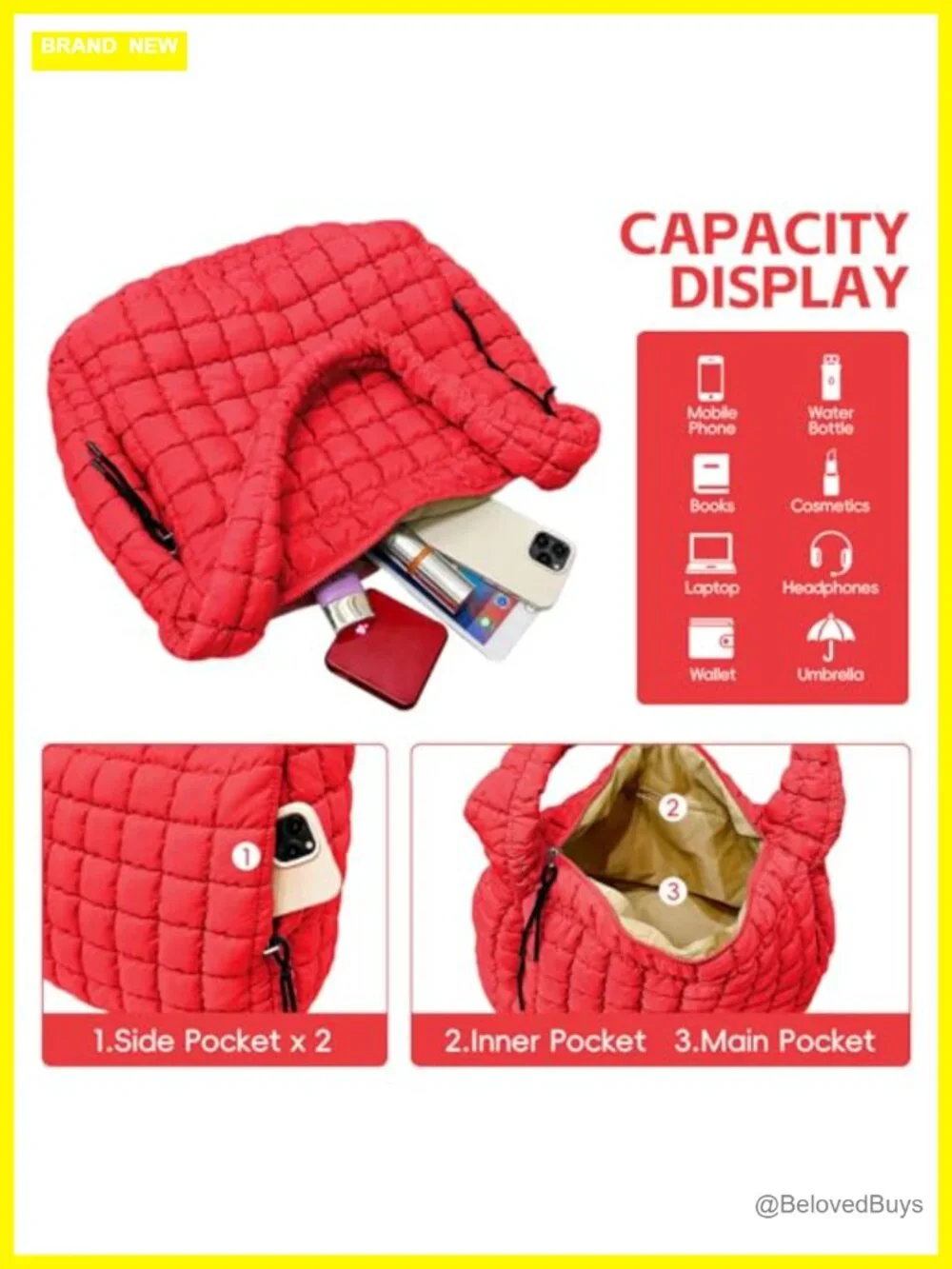 Quilted Puffer Tote Bag with Shoulder Strap, Large Puffy Hobo Bag for Travel